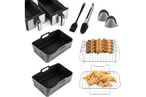 INMUA Air Fryer Accessories, Set of 9 for Ninja Dual Air Fryer AF300UK AF400UK Including Silicone Air Fryer Liners, Dual Air Fryer Racks, Paper Lining,Silicone Gloves, Food Tong, Grey