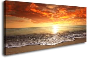 Baisuart-S0162 Canvas Prints Wall Art Sunset Ocean Beach Pictures Photo Paintings for Living Room Bedroom Home Decorations Modern Stretched and Framed Seascape Waves Landscape Giclee Artwork