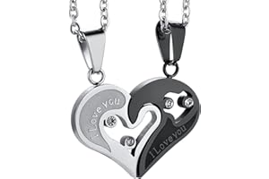 JeweBella Collar Pareja 2 Piezas Collar for Mujer Hombre Colgante I Love You Collar De Acero Inoxidable Color Negro Plata/Oro Plata Largo56