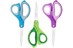 LIVINGO Schere für die Schule – Scharfe spitze Klinge, Allzweck-Schere für Schüler, Lehrer, Bastelprojekte, Mittel- und Oberstufe, College, Büro, Zuhause, für Rechts- und Linkshänder, Blau, Grün, Lila