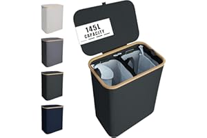 NOSTHEART Panier à Linge 2 Compartiments 145L Corbeille à Linge Pliable avec Couvercle & Bambou Poignée, Panier à Linge Sale pour Sale Vêtements, XL Gris Foncé