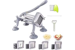 Ezcasch 4 en 1 Coupe Frites Manuel avec 6mm 9mm 12mm 8-Cales Lames, Coupe Frite Professionnel en Acier Inoxydable, Coupe Pomme de Terre, Trancheuse de Légumes et de Fruits Multifonctions