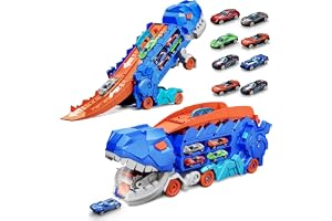 TEYOK Dinosaur Truck Toy Cars for Toddlers 3 4 5 6 Years Old Boys,with Foldable Sliding 25-Inch Race Track,Transformable Into Standing T-Rex,Toddler Car Toys Set for Kids Boys Girls(8 Cars