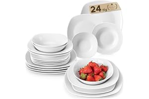 MALACASA, Series Elisa, 24-Piece Dinner Sets Ivory White Porcelain Dinnerware Set with 6-Piece Cereal Bowls/Dinner Plates/Dessert Plates/Deep Soup Plates, Service for 6