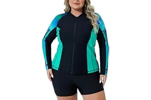 ATTRACO Womens Rash Vest Plus Size Long Sleeve Swim Top Zipper Long Sleeve Rash Guard UPF50+ Swimsuit