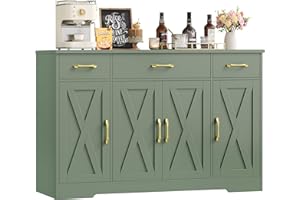HOCSOK 140 cm Credenza Cucina, Mobile Cucina con 3 Cassetti e 4 Armadi, Buffet Mobile Moderno, Credenza Soggiorno, Mobile per Cucina Ingresso Foyer, Sala da Pranzo, Verde