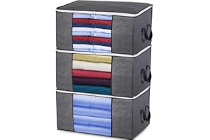 PRETTOP Large Clothes Storage Bags with Zips, 3 PCS Duvet Storage Bag King Size, Thick Breathable Fabric Underbed Storage Bags with Clear Windows, Clothing Storage Bags for Quilt, Bedding, Blankets