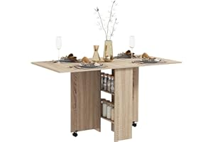 HOMCOM Tavolo da Pranzo Pieghevole, Tavolo Cucina a Ribalta per 6 Persone, Scrivania Richiudibile Salvaspazio con 2 Ripiani Aperti e Ruote a Freno, per Soggiorno, Ufficio, 140x75x74cm, Color Legno