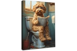 Dazzlewall Framed Funny Bathroom Wall Art Decor Dog Reading Newspaper on Toilet, Vintage Dog Canvas Wall Art for Toilet Bathroom Decor 12x16 in