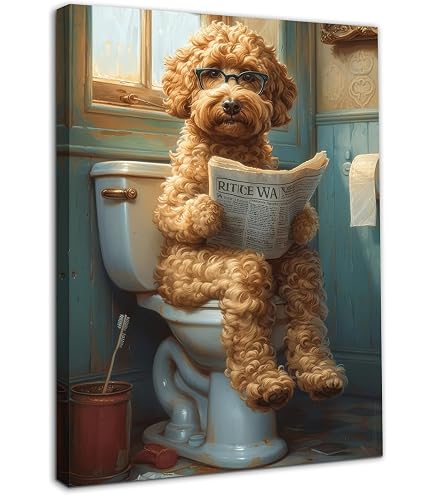 Poster Humoristique Chien Aux Toilettes - Décoration Murale Salle De Bain 30x40 Cm Toile Sans Cadre