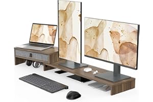 Fenge Monitor Stand Riser with Drawer 2 Shelf with Swivel and Adjustable Wood Computer Monitor Stands for 2 Monitors PC Laptop, Desktop Organizer (Brown)