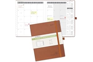POPRUN Agenda Mensile 2025 26,5 x 21 5,cm, Planner Scuola 18 Mesi da Lug.24 a Dic.25, Portapenne Autoadesivo, Copertina Morbida in Pelle Vegana Carta Spessa da 100 GSM, Marrone