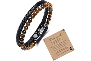 TempBeau Men's Bracelets Leather Dad Wristband : Tiger Eye Stone Multi Layer Wristband for Men Genuine Leather Bracelet Hand Chain 9mm Lava Rock Beads for Daddy Son Brother