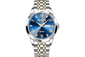 PINDOWS Watches for Men, Luxury Quartz Analog Watch with Date Big Face Waterproof Fashion Business Wristwatch Dress Two Tone Stainless Steel Classic Man Watch Luminous Calendar
