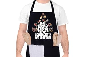 upain Kochschürze Männer-Bei Opa schmeckts am Besten, Schwarz Schürze Grillschürze Baumwoll Küchenschürze Verstellbarem Nackenband Zwei Fronttaschen Küche Kochen Grill Geschenk für Opa und Papa
