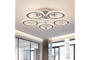 ‎VETRULUS VETRULUS Moderne Kristall-LED-Deckenleuchte – Dimmbare halbflächenbündige Kristall-Lüster für Wohnzimmer – 5-Ring-Deckenleuchte für Schlafzimmer, Küche, LED-Kronleuchter