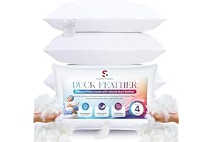 SUNSHINE COMFORTS Duck Feather & Down Pillows (4 Pack) – Hotel Quality Bed Pillows for Sleeping, Soft & Breathable Pillow 1200GSM for Back, Side & Stomach Sleepers – Washable & Anti-Allergenic Comfort (50X75CM)