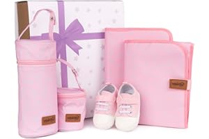 Bebesar® Canastilla Bebé Recién Nacido - Cesta regalo para bebe recién nacido compuesta por Caja regalo, Portadocumentos, Cambiador, Porta biberones, Porta chupetes y Zapatillas para bebé (Rosa)