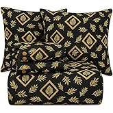 BSB HOME 220 TC 5 Piece Bedding Set with 1 Pc Bedsheet, 2 Pc Quilted Cushion with Zip, 2 Pc Pillow Covers - Heavy Glace Cotton Colour- Floral Black an