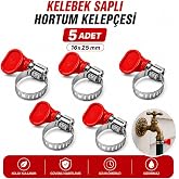Kelebek Saplı Hortum Kelep&ccedil;esi [5 ADET] 16X25 Mm Vidalı Paslanmaz &Ccedil;elik Ayarlanabilir Boru Klipsi