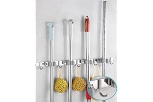 HXcomet Broom Mop Holder, Stainless Steel Broom Storage with Racks and Hooks(4 Racks and 5 Hooks) for Kitch,Bathroom,Garage and Garden.