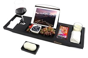 PURENJOY Purenjoystyle - Bandeja de bambú para bañera con soporte para vino, libro y jabón, organizador de ducha de baño, regalo para seres queridos (negro, 10.8-41 x 8.4 x 2.4 pulgadas)