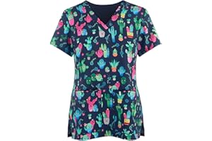 HSUAYEUD Scrubs for Women Medical Uniform Nurse Hospital Scrub Tops Cute Print V-Neck Adult Workwear Doctor Work Uniform Comfy Blouse with Pockets