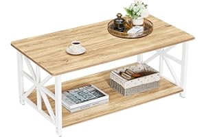‎GREENFOREST GreenForest Couchtisch mit Stauraum, 100 cm Wohnzimmertisch mit Runder Ecke, Stabiler Sofatisch aus Holz und Metall, Kaffeetisch mit Regal, Rustikales Design, Eiche