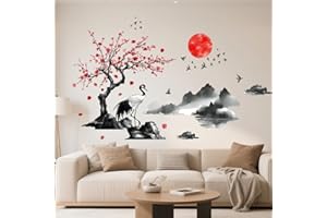 milaosk Adesivi Murali Grande Adesivo Murale Cinese Feng Shui a Inchiostro Gru Albero di Fiori Montagna Sole Adesivi da Parete per Camera da Letto Soggiorno