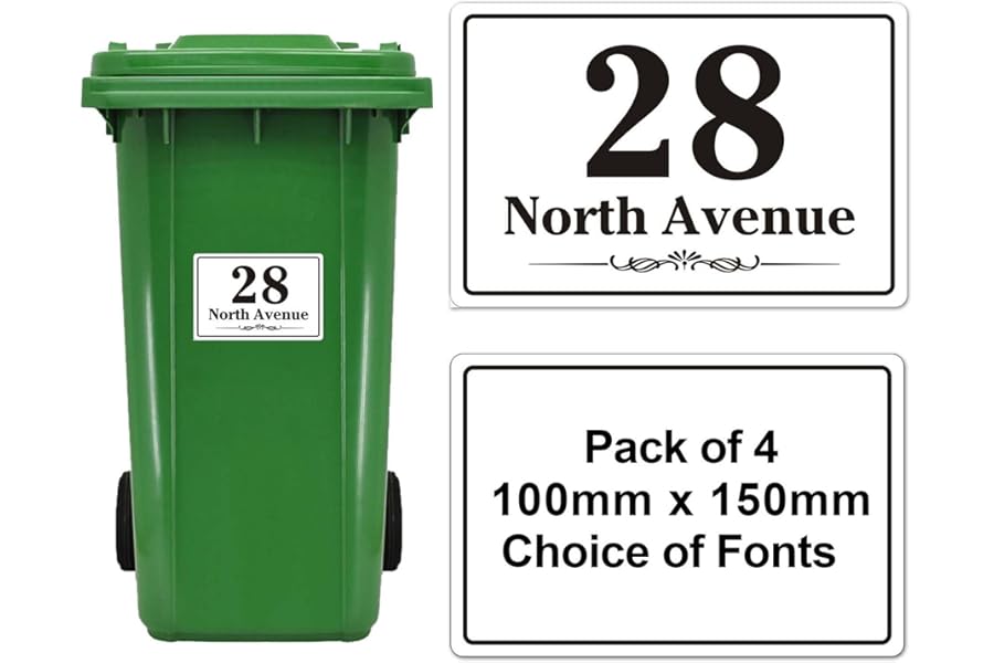 EDSG 4 x Wheelie Bin Stickers, Bin Numbers for Wheelie Bins, Personalised Wheelies Bins Numbers Stickers, Custom Number Sticker with House Number Street Name (Design 1)