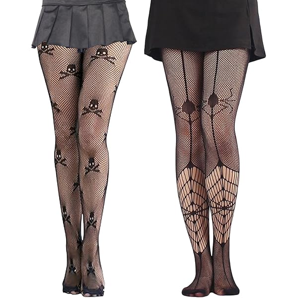 Netzstrumpfhose Schwarz Halloween Set - 3 Paar Mit Totenkopf & Spinnen Design | Hohe Taille