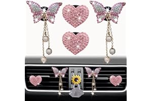 JOWXSX Pink Heart & Butterfly Pandent Air Vent Clips, 4 Pcs Bling Heart Air Fresheners Vents Clips Diamond Car Interior Decor Bling Cute Car Accessories + Sunflower Mask Hook