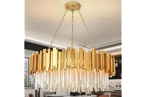 AOOCHOK Lampadario moderno in cristallo oro, illuminazione a sospensione rotonda in cristallo per soggiorno, sala da pranzo, camera da letto, ristorante, E14 x 12, D75 cm