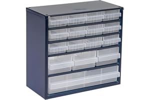 Raaco Casiers à Tiroirs C6-16, avec 16 Tiroirs en Plastique, Charge 16.5 kg, 15 x 30.6 x 28.2 cm, Montable au Mur, pour Rangement Garage & Atelier, Rangement Visserie Atelier