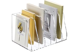 SANRUI Acrylic Desk File Organizer, 6 Vertical Compartments Clear Magazine File Holder Workspace Sorters, Folder Rack for Office Accessories Organization Storage