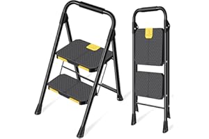 KINGRACK Escabeau 2 Marches avec Verrouillage de sécurité, Large Pédale Antidérapante, Escabeau Pliable avec Mains Courantes, Échelle Domestique pour Maison, Cuisine, Bureau, Léger Portable, Noir