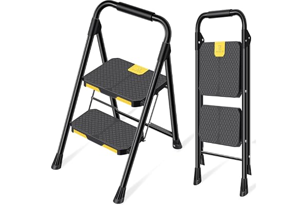 KINGRACK Escabeau 2 Marches avec Verrouillage de sécurité, Large Pédale Antidérapante, Escabeau Pliable avec Mains Courantes, Échelle Domestique pour Maison, Cuisine, Bureau, Léger Portable, Noir