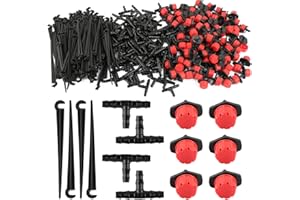 VINFUTUR 300Pcs Automatic Drip Irrigation Kit Garden Watering System Adjustable Micro Irrigation Dripper Sprinklers, Tee Pipes, Hose Support Stakes for 4/7mm Hose Irrigation System