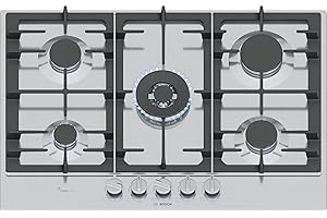 Bosch PCQ7A5I90 Serie 6, Piano cottura a gas, FlameSelect, Manopole magnetiche removibili, WOK, griglie in ghisa, Acciaio, 75 cm