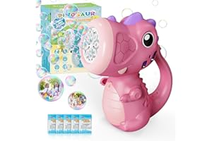 Bombble Dinosaur Macchina Bolle Sapone per bambini, Macchina per Bolle Automatica Portatile 9000+ Bolla al Minuto con Soluzione/luci, Dino Soffiatore di Bolla per Festa All'aperto Matrimonio-Rosa