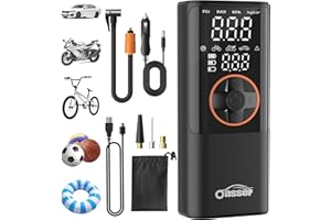 Oasser Compressore Aria Portatile 150 PSI (10,3Bar), 6000mAh, Schermo LCD Doppio, Gonfia Ruote con Cilindro 19mm, Torcia LED, Cavo Accendisigari 3m e Borsa per Auto/Moto/Bici