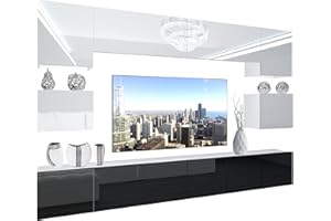‎B BELINI GROUP BELINI Wohnwand Wohnzimmer-Set Vollausstattung Moderne Schrankwand mit LED-Beleuchtung Anbauwand TV-Schrank Weiß/Schwarz