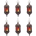 6 Pcs Hanging Hexagon Decorative Moroccan Candle Lantern Holders, Handmade Hanging Tea Light Holder in Bronze Metal & Red & Purple Glass Gift & Decor Items