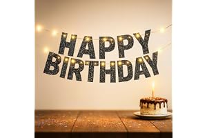 KatchOn, Glitter Black Happy Birthday Banner Light Up - Prestrung, 10 Feet | Black Happy Birthday Led Sign, | Light Up happy Birthday Sign for happy birthday Decorations