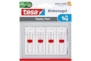 tesa Verstellbarer Klebenagel (für Tapeten und Putz 1 kg, Höhenverstellbarer, selbstklebender Wandnagel, bis zu 1 kg Halteleistung pro Nagel) 4er Pack