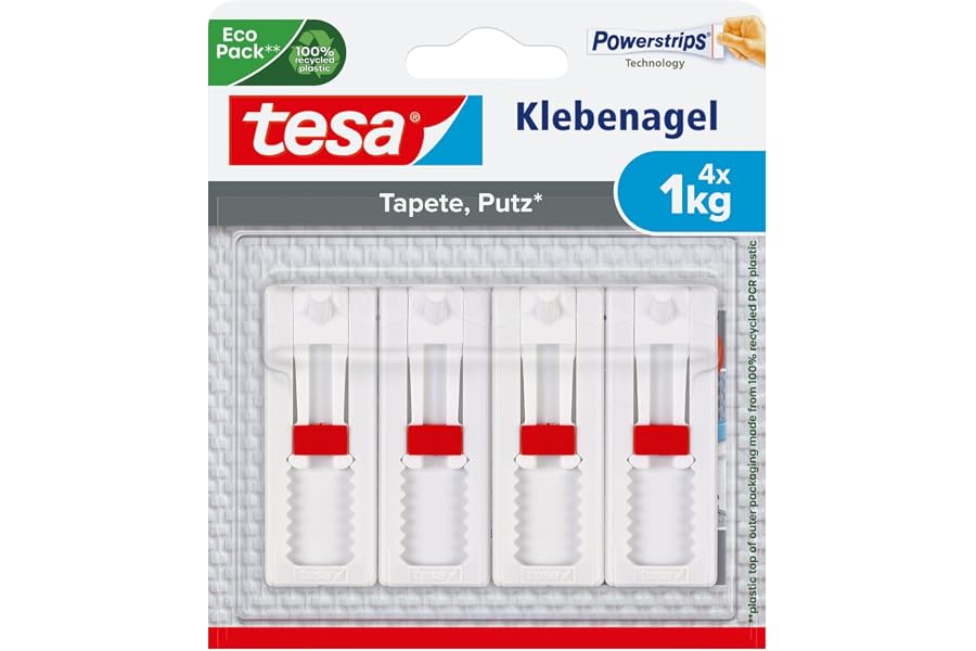 Produktabbildung zu tesa Klebenagel für Tapete & Putz, verstellbar - 4 Nägel inkl. tesa Strips | Höhenverstellbare Wandnägel für empfindliche Oberflächen - selbstklebend, 1 kg Haltekraft pro Nagel - ohne Bohren