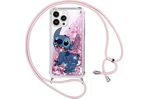 LYUBFDC Funda con Cuerda para iPhone 13/iPhone 14 6,1", Carcasa Glitter Liquida Silicona Case con Correa Colgante Ajustable Collar Correa de Cuello Cadena Cordón Lindo Stitch Cover para iPhone 14, R1