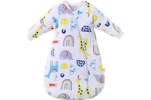 MIKAFEN Sacco nanna bambino manica lunga invernale 3.5Tog, Sacco nanna 100% cotone biologico M/altezza 65-80cm,Elefante arcobaleno