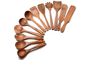 BOKALAKA Cucharas de Madera para Cocinar - Paquete de 12 Utensilios de Cocina, Juego de Espátulas de Teca Natural