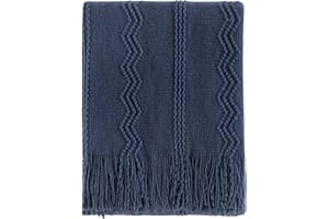 BOURINA Textured Solid Soft Sofa Throw Couch Cover Knitted Decorative Blanket, Navy, 127x152cm